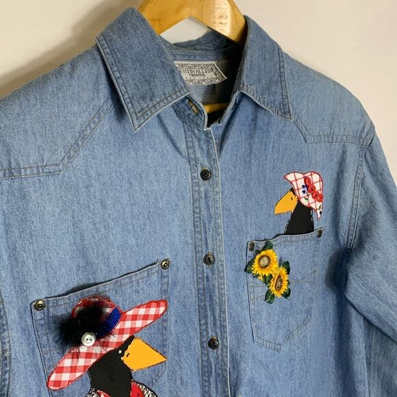 Vintage 90s Justin Allen Blue Crow Sunflower Appliqué Novelty Denim Shirt Size M - Picture 3 of 12